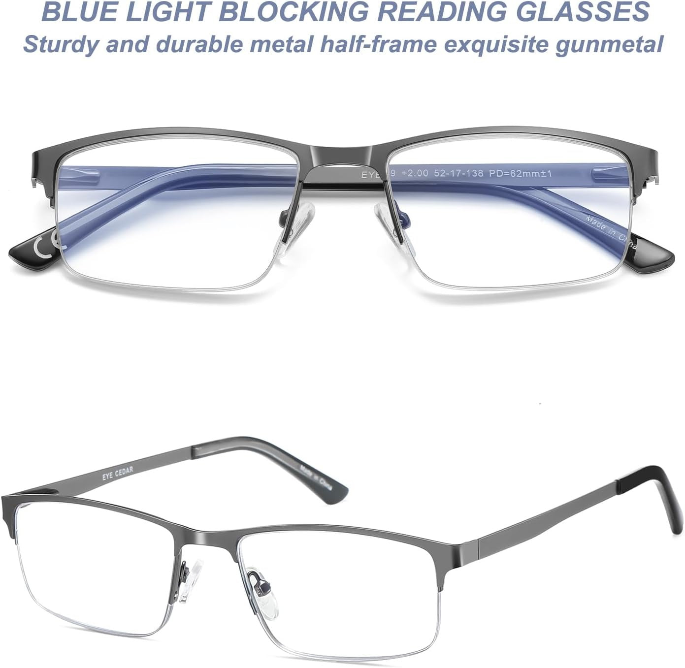 5-Pack Reading Glasses Men Blue Light Blocking Eyeglasses Metal Half Frame Gunmetal Spring Hinges