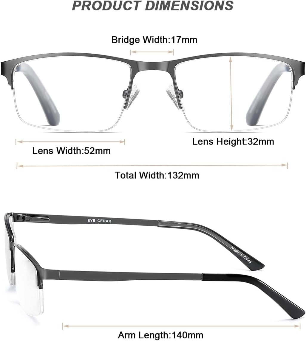 5-Pack Reading Glasses Men Blue Light Blocking Eyeglasses Metal Half Frame Gunmetal Spring Hinges