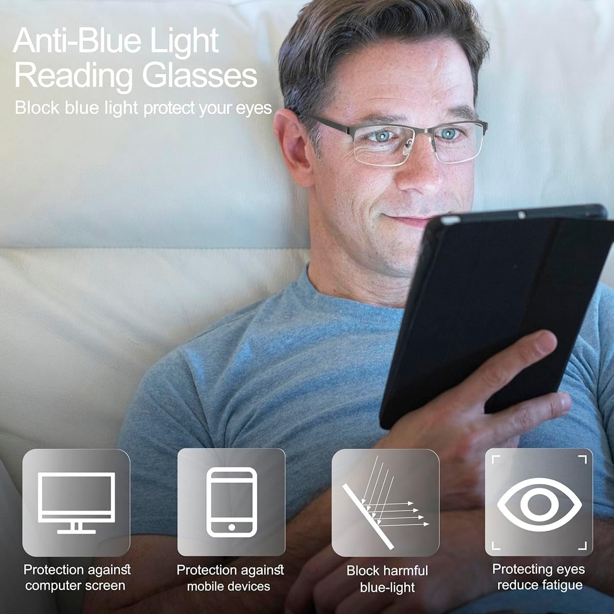 5-Pack Reading Glasses Men Blue Light Blocking Eyeglasses Metal Half Frame Gunmetal Spring Hinges