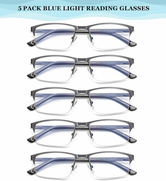 5-Pack Reading Glasses Men Blue Light Blocking Eyeglasses Metal Half Frame Gunmetal Spring Hinges