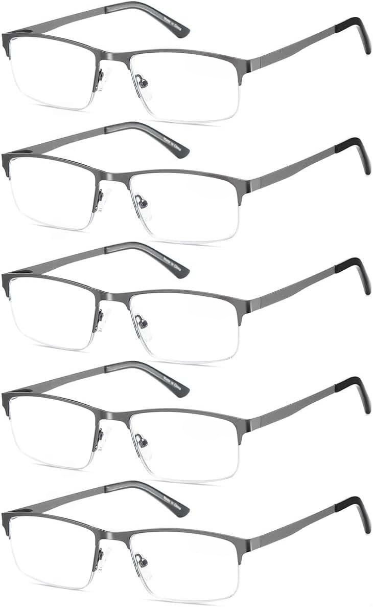5-Pack Reading Glasses Men Blue Light Blocking Eyeglasses Metal Half Frame Gunmetal Spring Hinges